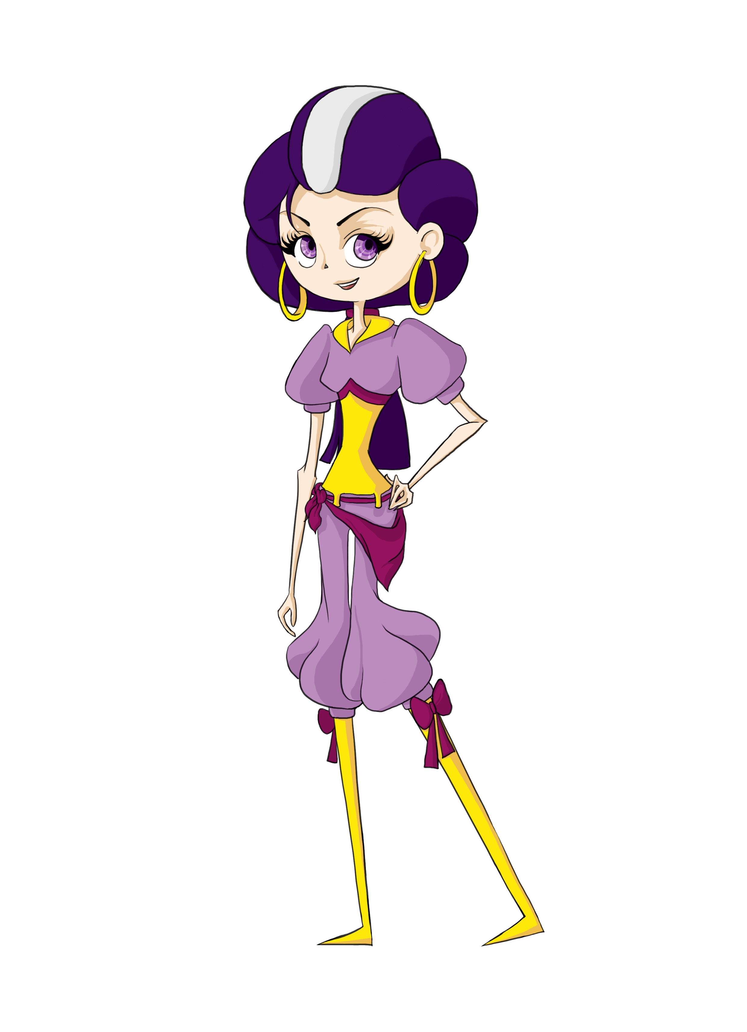 Amber, with purple hair, a lavender suit, and yellow pointed shoes.