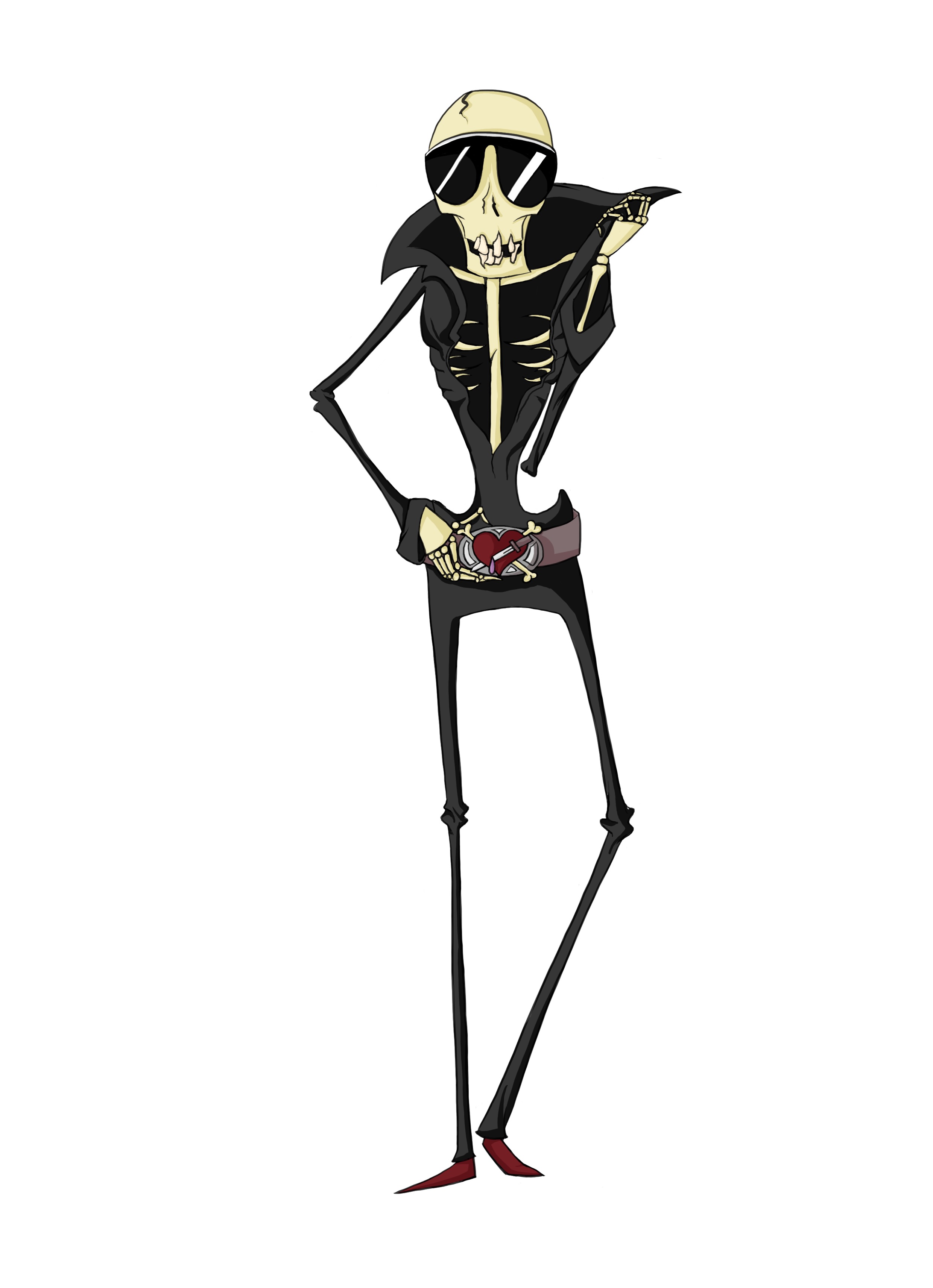 Jet, a tall skeleton in black with sunglasses and a heart-buckle belt.