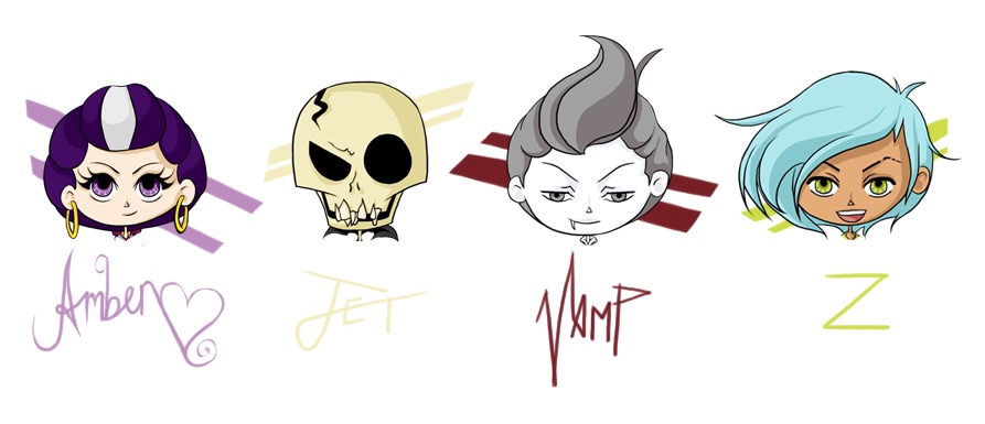 Amber, Jet, Vamp, and Z — heads and hand-lettered signatures.