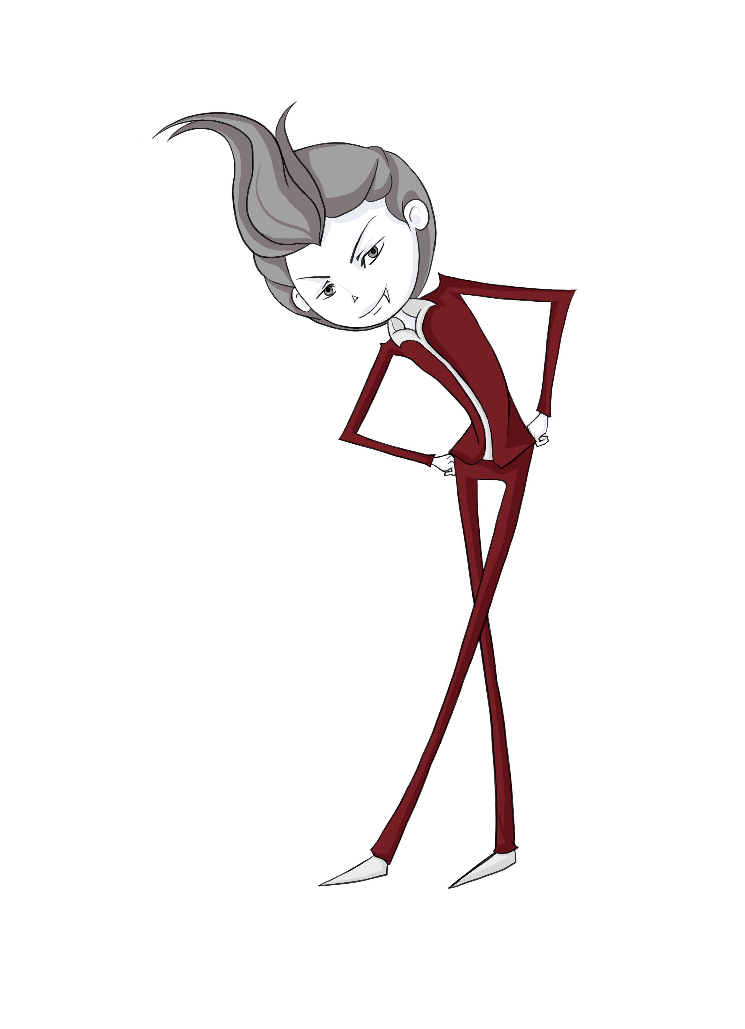 Vamp, a pale figure in a maroon suit with a grey pompadour.