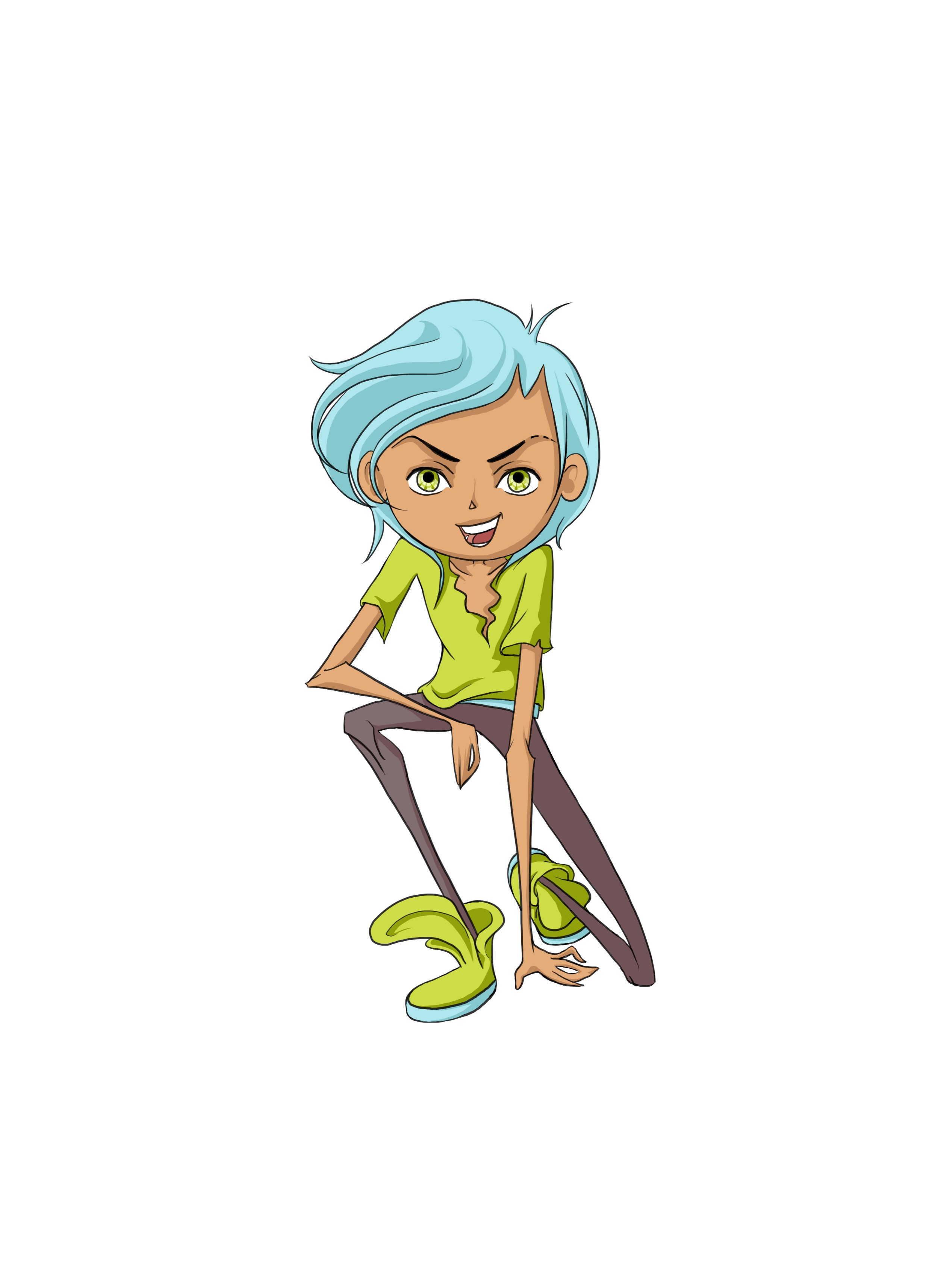 Z, with light blue hair, a lime shirt, and oversized green shoes.
